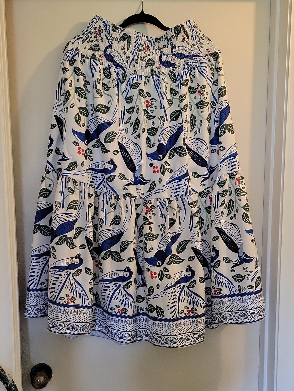 White Tiered Skirt with Blue Bird Print. Handmade.